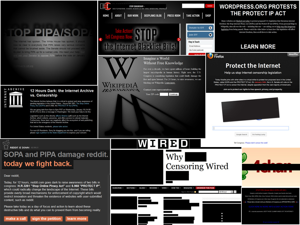 Collage of Major Websites Participating in Blackout Protest of SOPA and PIPA